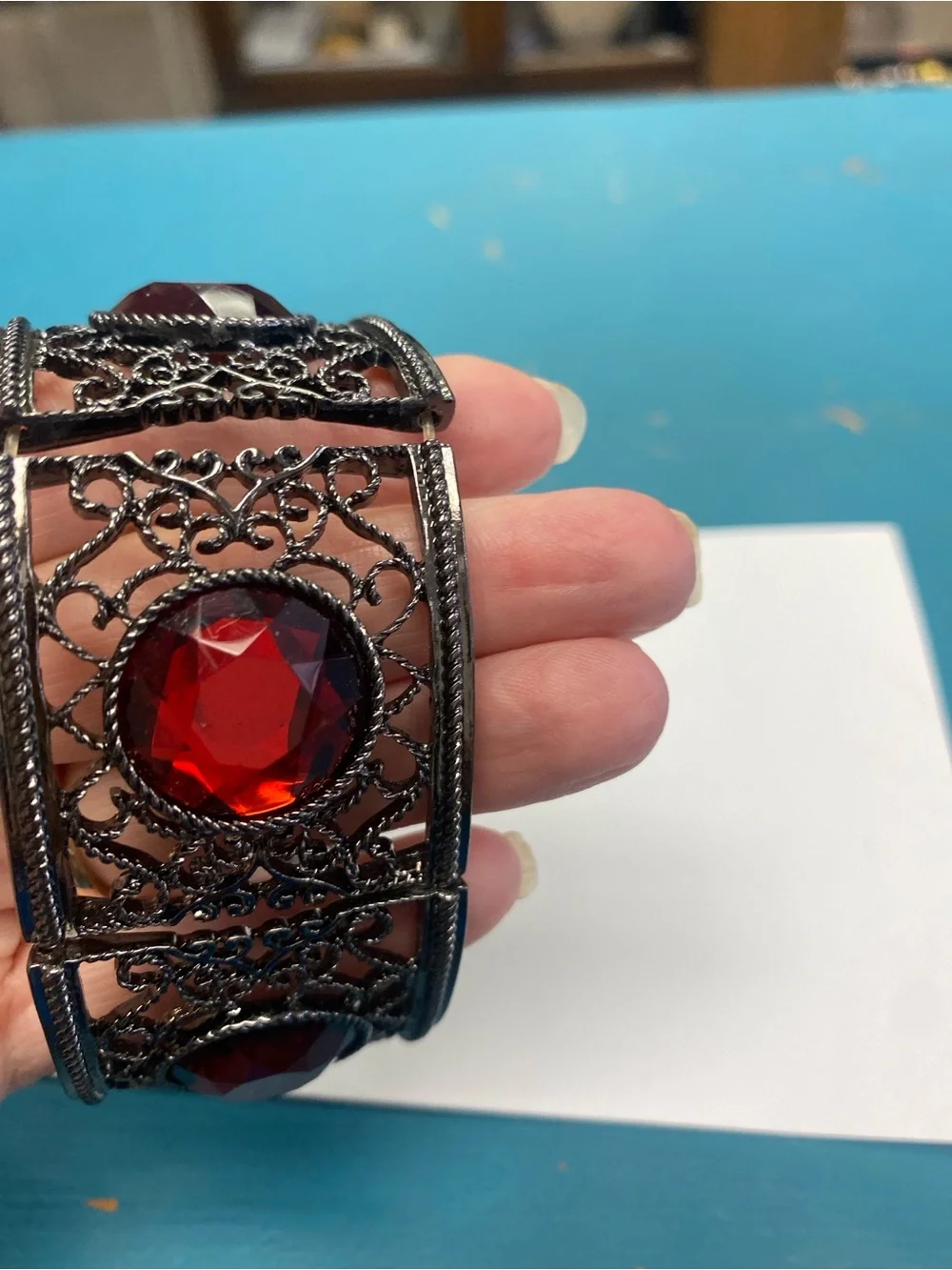 Black Filigree Cuff Bracelet with Red Gemstone